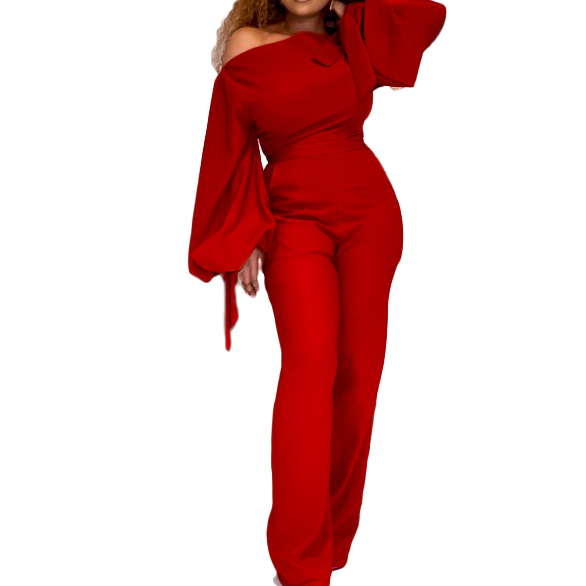 Sexy One Shoulder High Waist Plus Sizes Wide Legs Jumpsuits-Suits-Red-S-Free Shipping Leatheretro