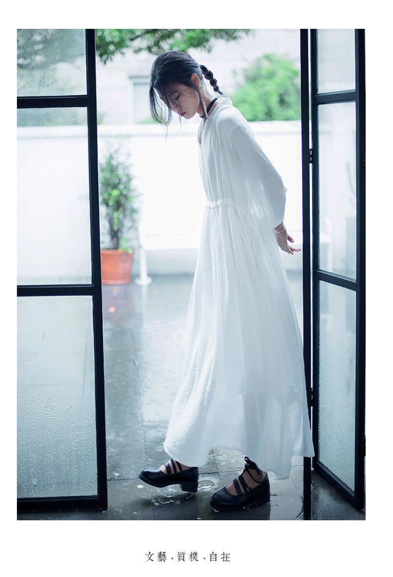 Casual Linen Half Sleeves Drawstring Long Cozy Dresses-Dresses-White-One Size-Free Shipping Leatheretro