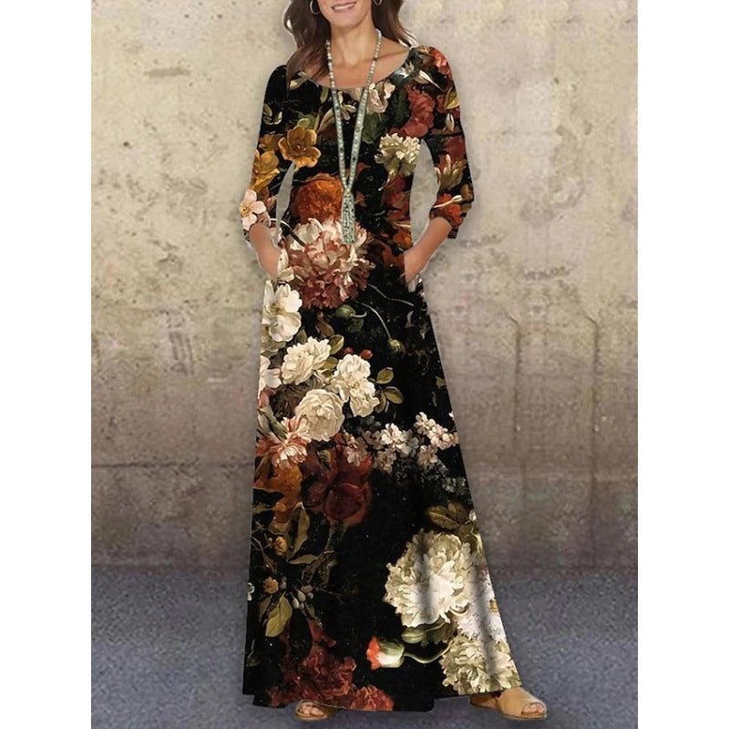 Elegant 3D Floral Print Summer Long Dresses-Dresses-1-S-Free Shipping Leatheretro