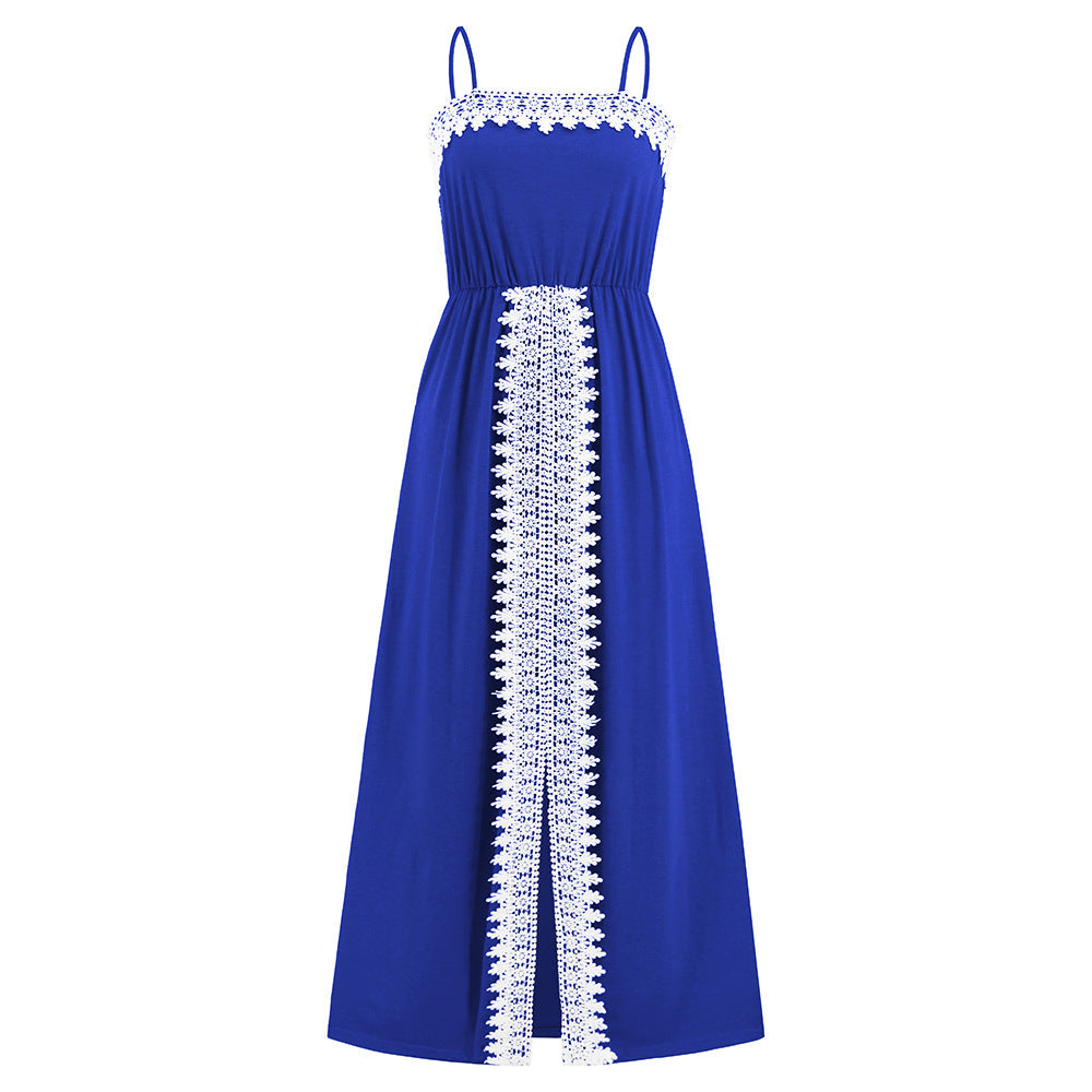 Elegant Lace Trim Summer Long Dresses-Dresses-LQ613-lan-S-Free Shipping Leatheretro