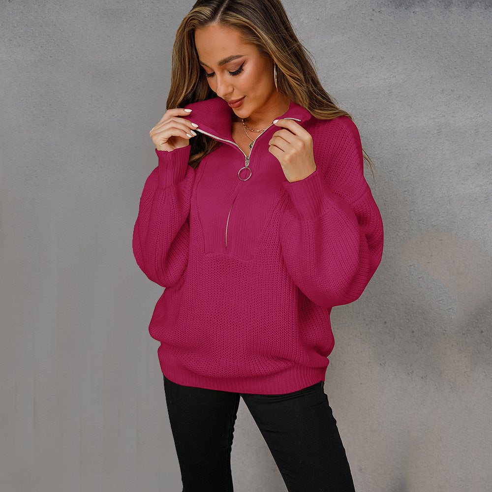 Casual Zipper Design Knitted Pullover Sweaters-Shirts & Tops-Red-S-Free Shipping Leatheretro