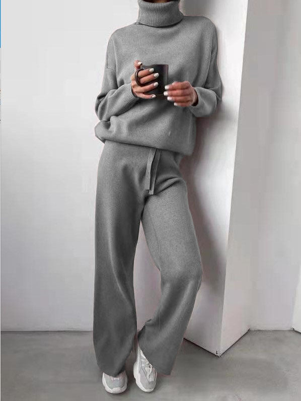 Casual High Neck Two Pieces Knitted Tops & Wide Legs Pants-Suits-Gray-S-Free Shipping Leatheretro