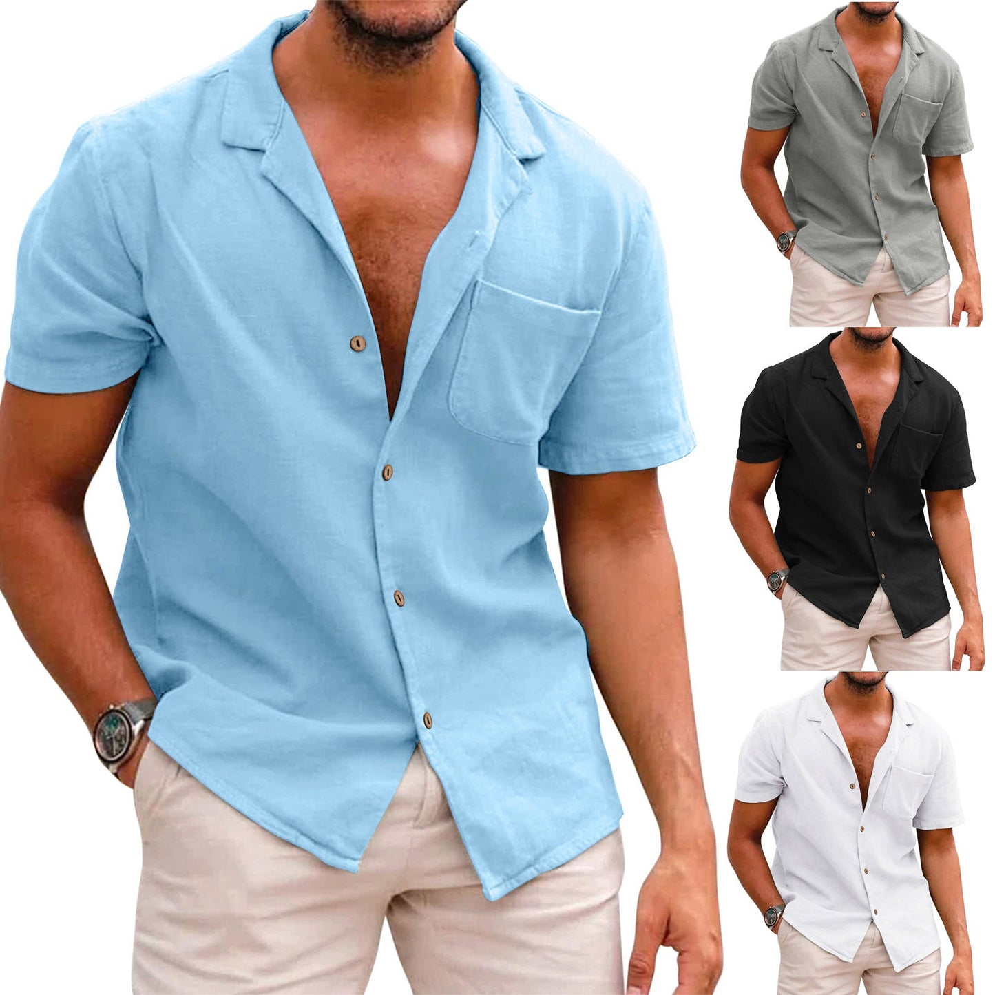 Casual Linen Short Sleeves Shirts for Men-Shirts & Tops-White-S-Free Shipping Leatheretro