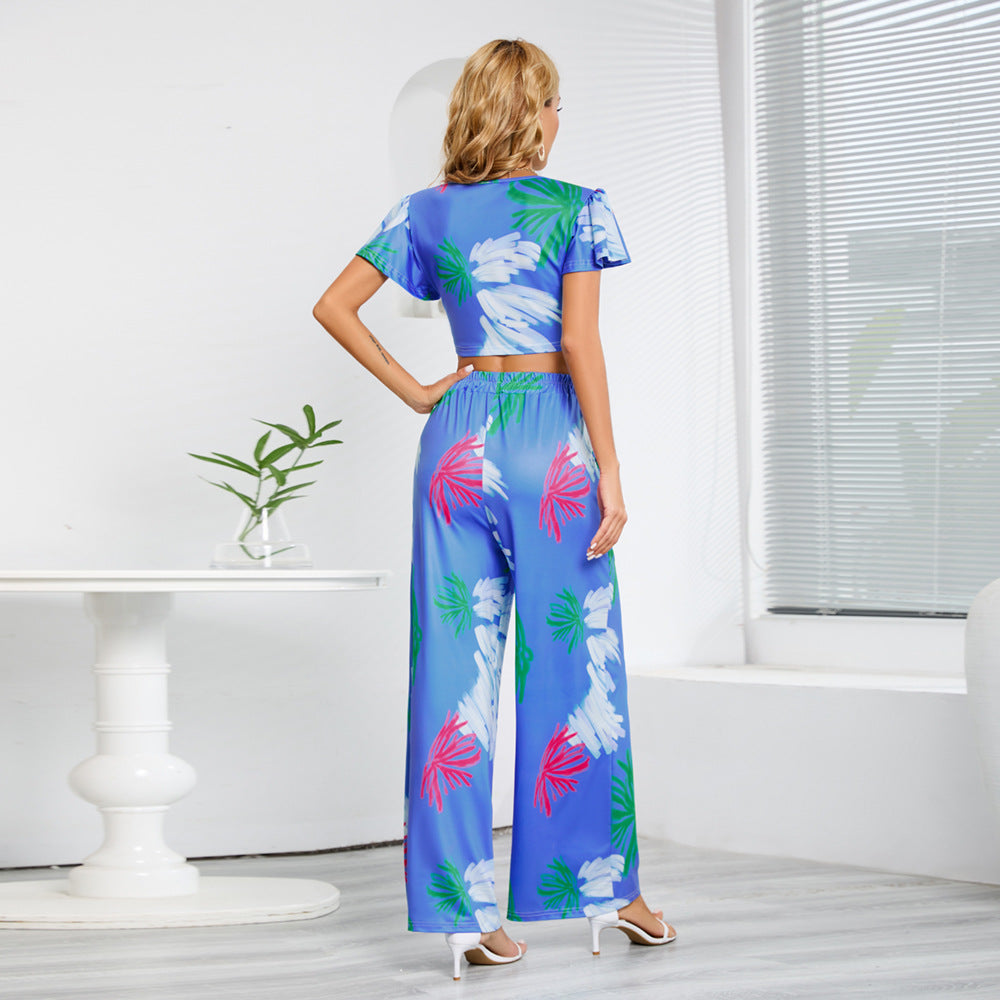 Summer Midriff Baring Tops and Long Pants Two Pieces Sets-Suits-LQ553-lv-S-Free Shipping Leatheretro