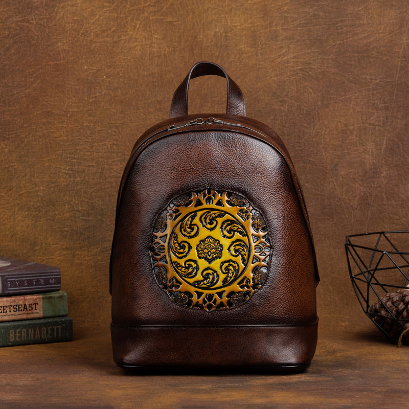 Vintage Vegetable Tanned Leather Embossing Backpack for Women C319-Leather Backpack for Women-Brown-Free Shipping Leatheretro