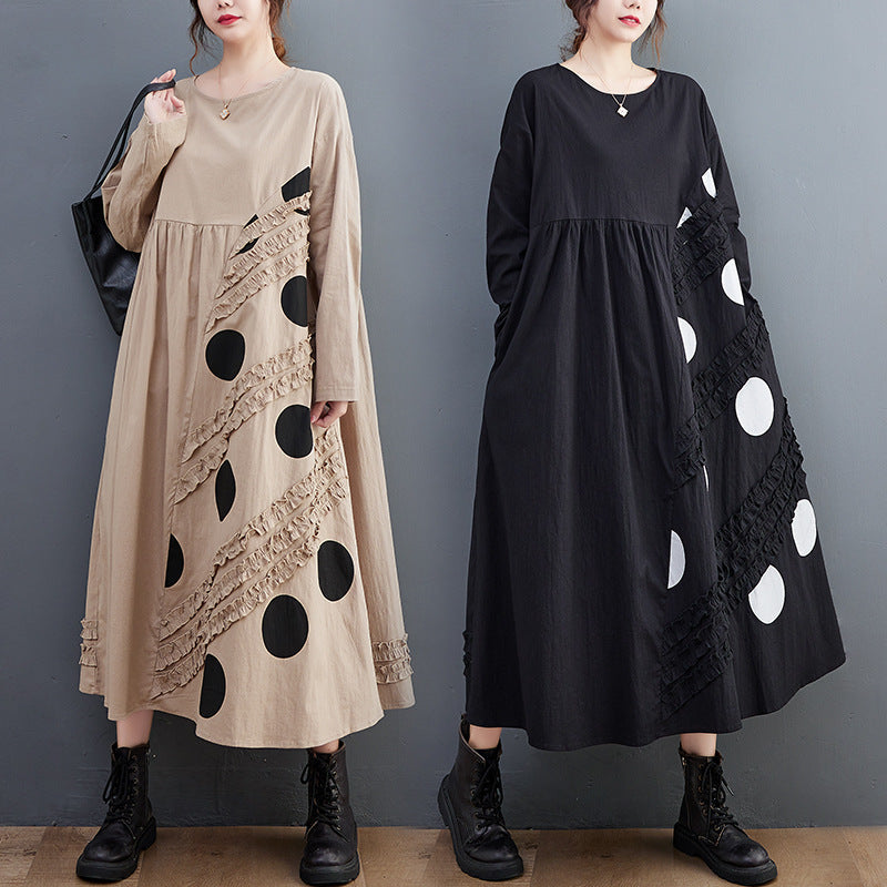 Vintage Dot Print Plus Sizes Long Dresses-Dresses-Black-One Size-Free Shipping Leatheretro