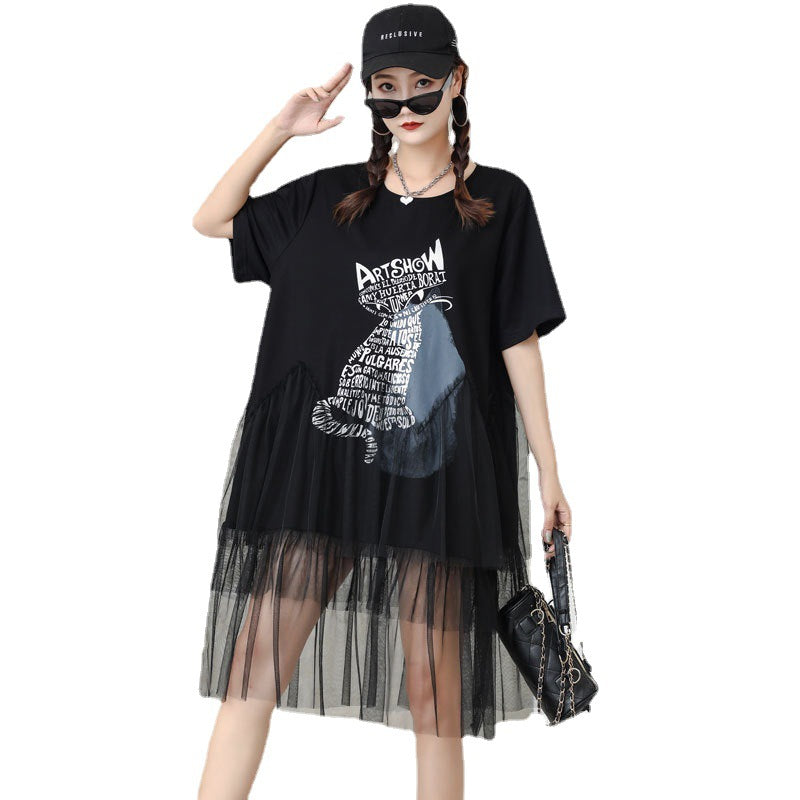 Cat Designed Tulle Loose Summer Black Midi Dresses-Dresses-Black-One Size-Free Shipping Leatheretro