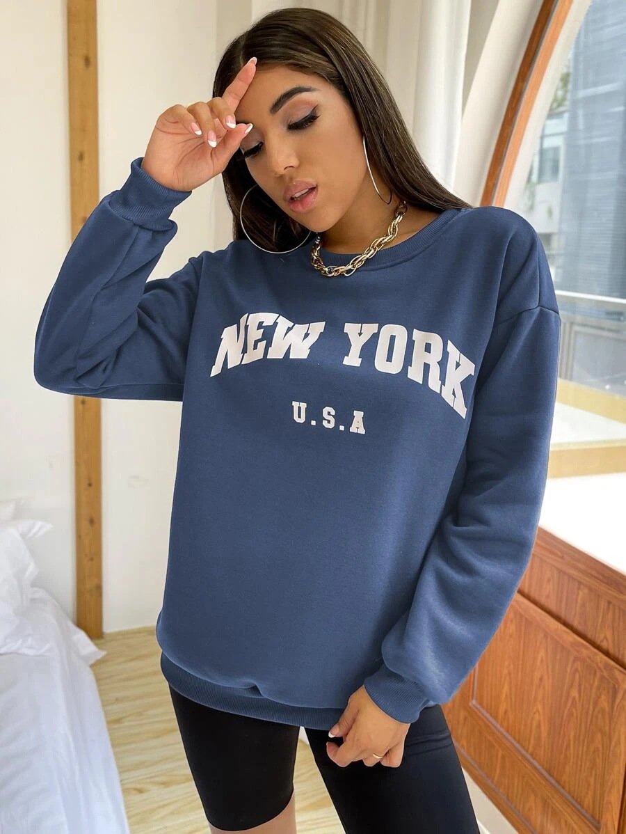 Leisure Women Letter Print Fall Hoodies-Shirts & Tops-Blue-S-Free Shipping Leatheretro