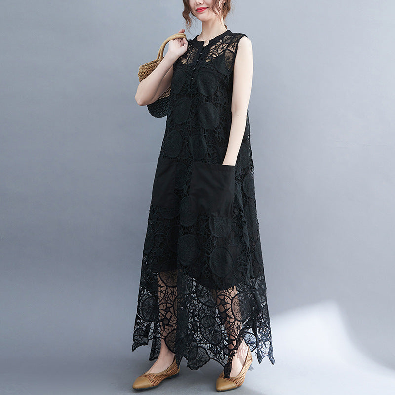 Vintage Lace Embroidery Sleeveless Two Pieces Dresses-Dresses-Black-L-Free Shipping Leatheretro