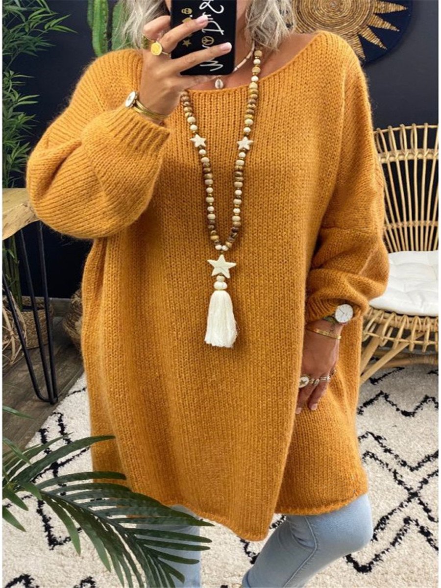 Casual Women Round Neck Knitting Loose Sweaters-Women Sweaters-Orange-S-Free Shipping Leatheretro