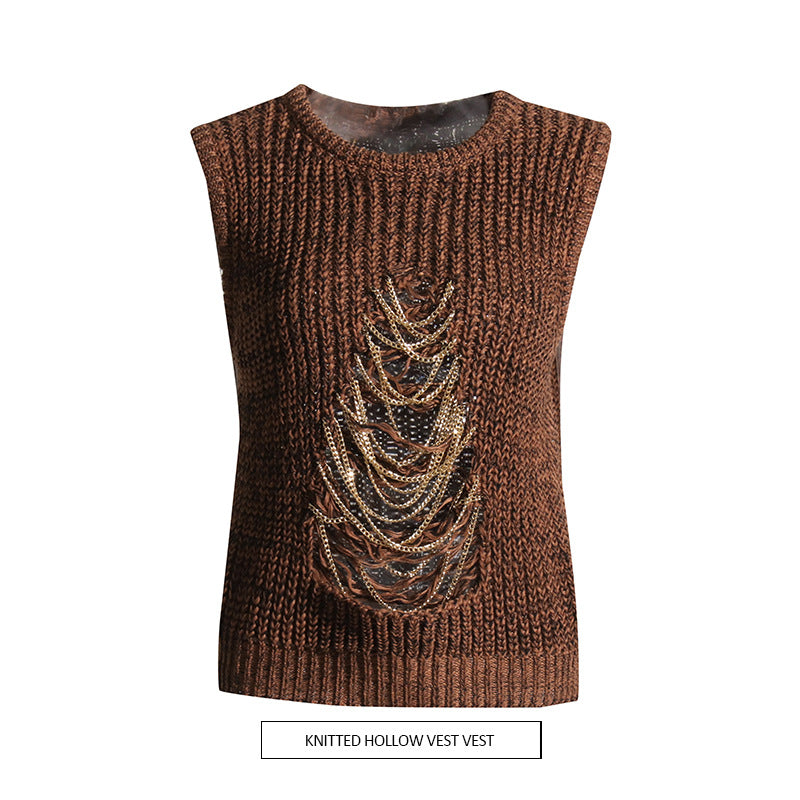 Vintage Brown Knitted Tank Top Vest for Women-Shirts & Tops-Brown-S-Free Shipping Leatheretro