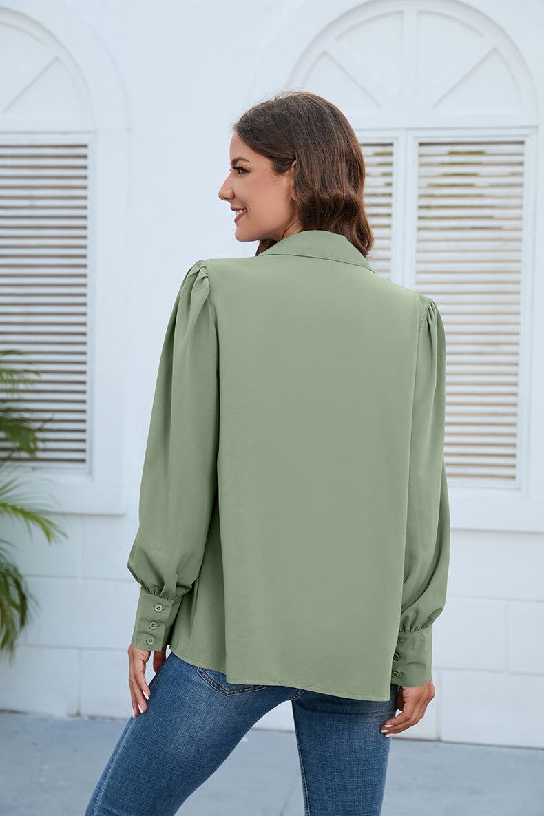 Casual Chiffon Long Sleeves Blouses for Women-Shirts & Tops-Bean Green-S-Free Shipping Leatheretro