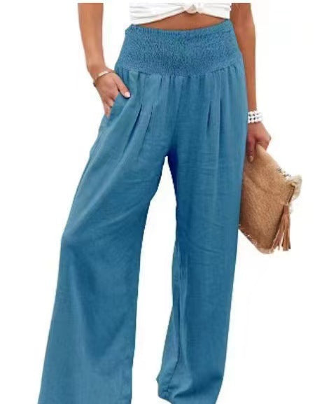 Casual Linen Summer Wide Legs Pants for Women-Pants-Blue-S-Free Shipping Leatheretro
