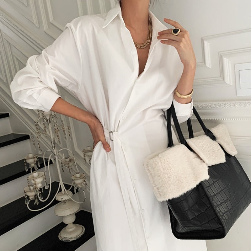 Autumn Long Sleeves Irregular Shirt Dresses-Dresses-White-One Size-Free Shipping Leatheretro