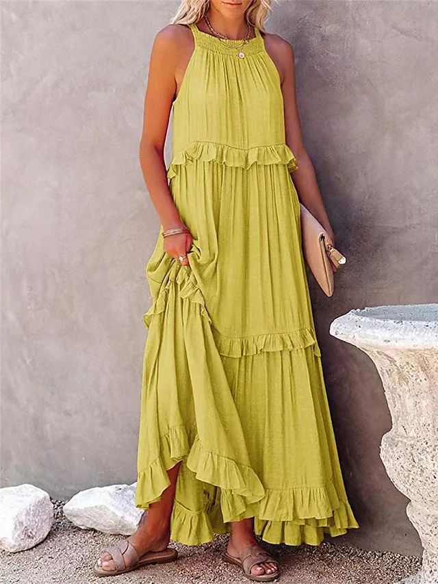 Casual Ruffled Summer Holiday Long Maxi Dresses-Dresses-Yellow-S-Free Shipping Leatheretro