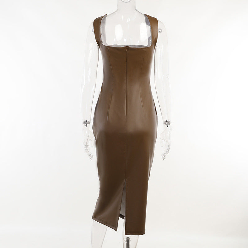Sexy PU Leather Long Sleeveless Dresses-Dresses-Black-S-Free Shipping Leatheretro