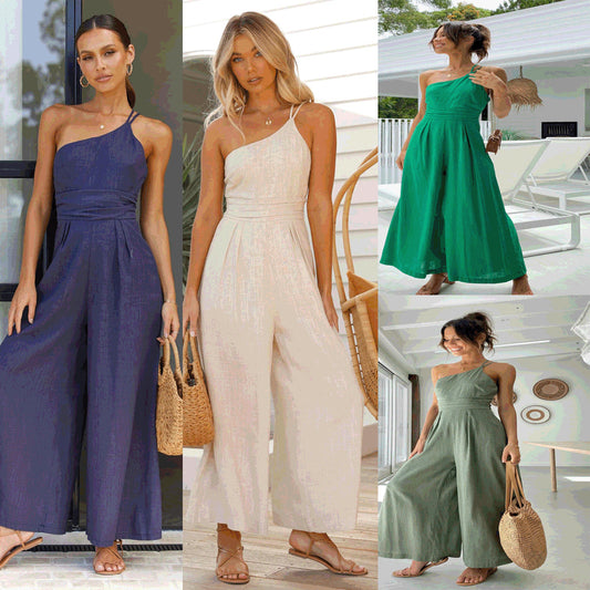 Sexy One Shoulder Linen Jumpsuits for Women-Jumpsuits & Rompers-Green-S-Free Shipping Leatheretro