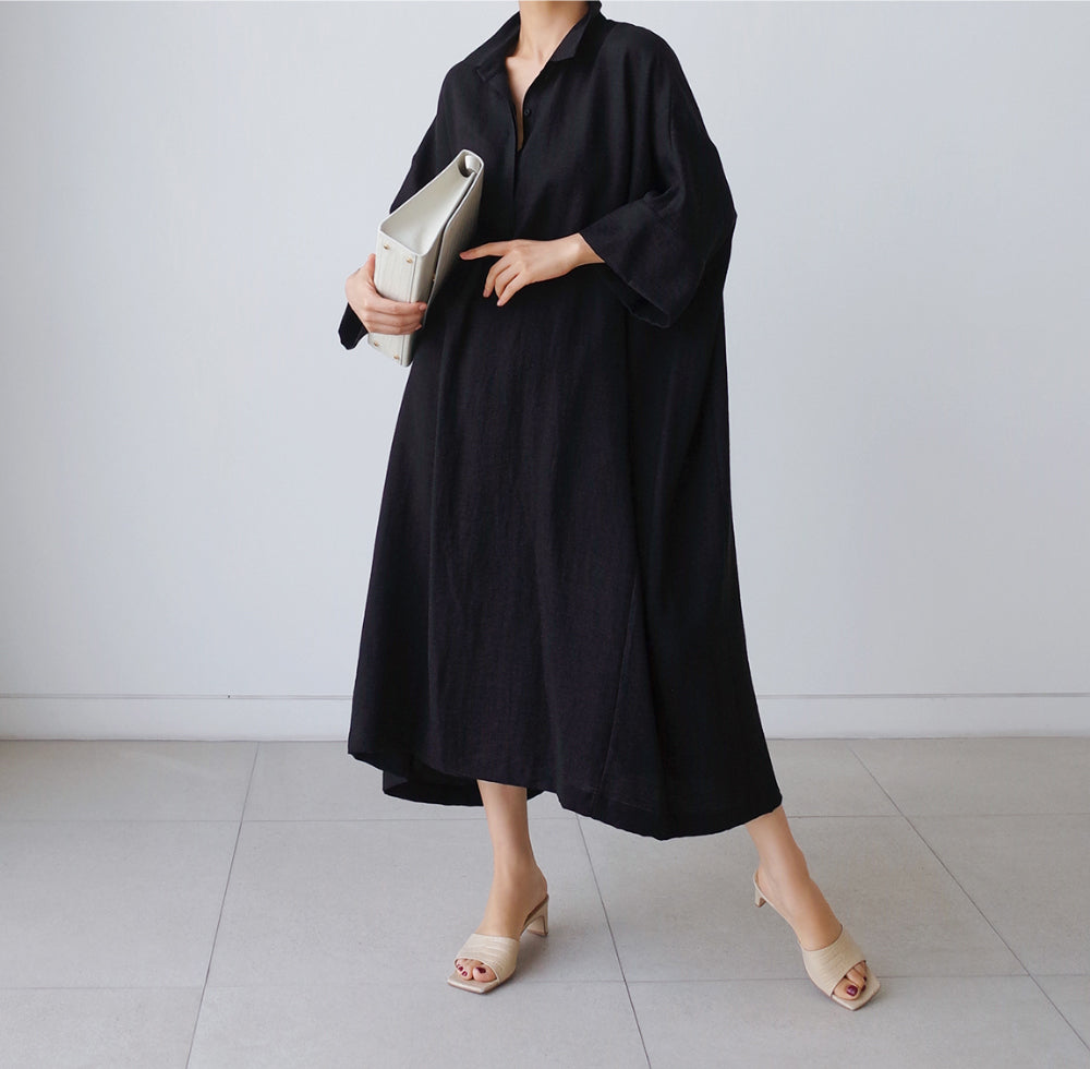 Vintage Linen Plus Sizes Batwing Long Cozy Shirts Dresses-Dresses-Black-S-Free Shipping Leatheretro