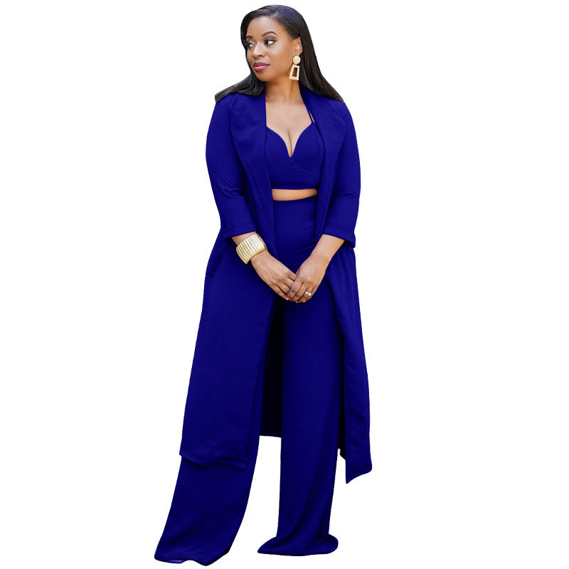 Sexy Top & Wide Legs Pants 3pcs Sets for Women-Suits-Navy Blue-S-Free Shipping Leatheretro