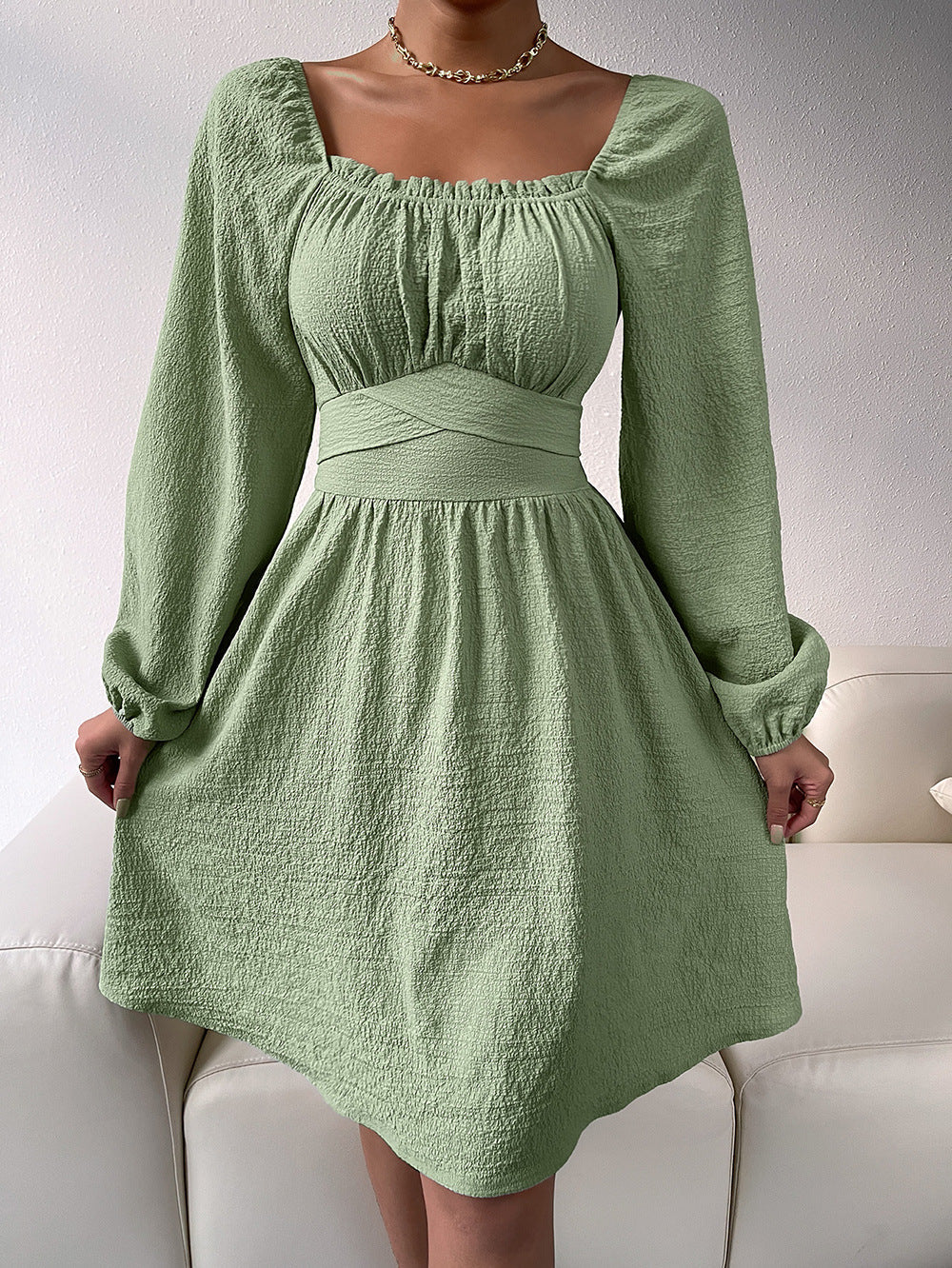 Casual Fall A Line Dresses for Women-Dresses-Bean Green-S-Free Shipping Leatheretro