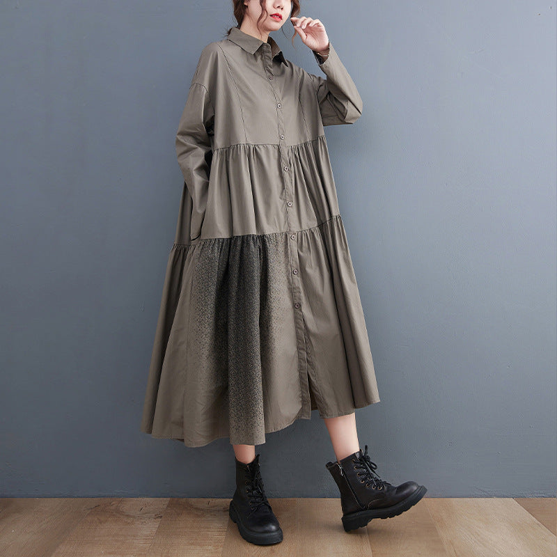 Women Turnover Collar Long Sleeves Shirts Dresses-Dresses-Gray-L-Free Shipping Leatheretro