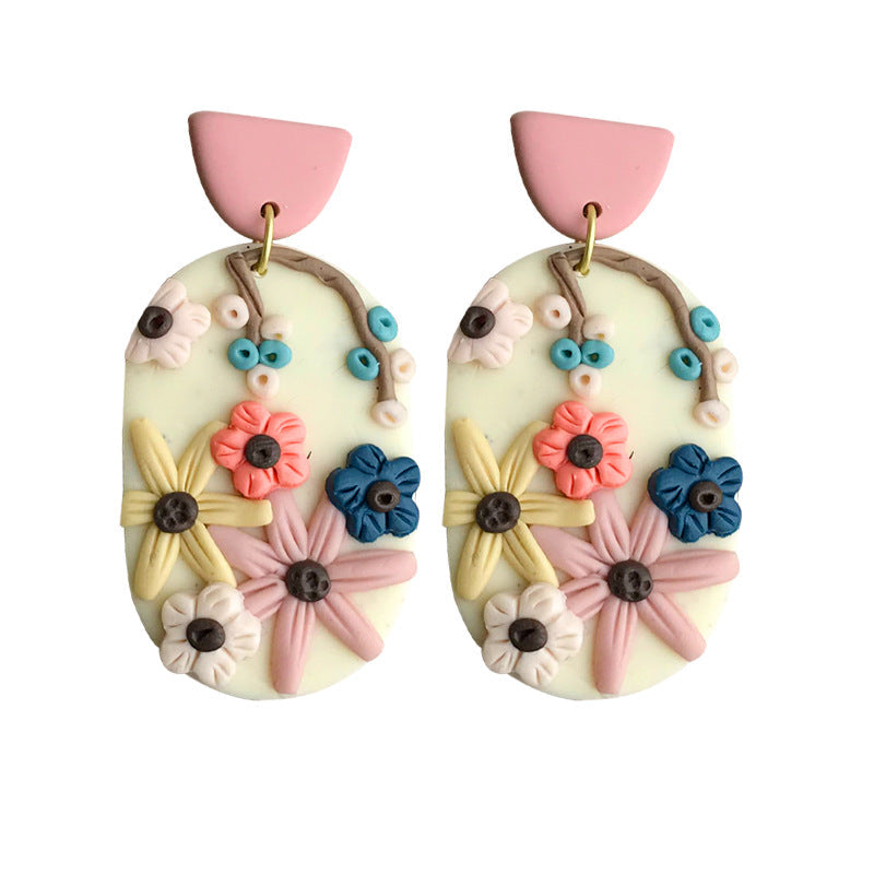 Engraved Flowers Handmade Clay Earrings for Women-Earrings-1-Free Shipping Leatheretro