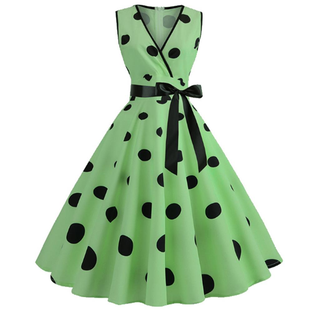 Casual Sleeveless Dot Print Vintage Dresses-Vintage Dresses-Green-S-Free Shipping Leatheretro