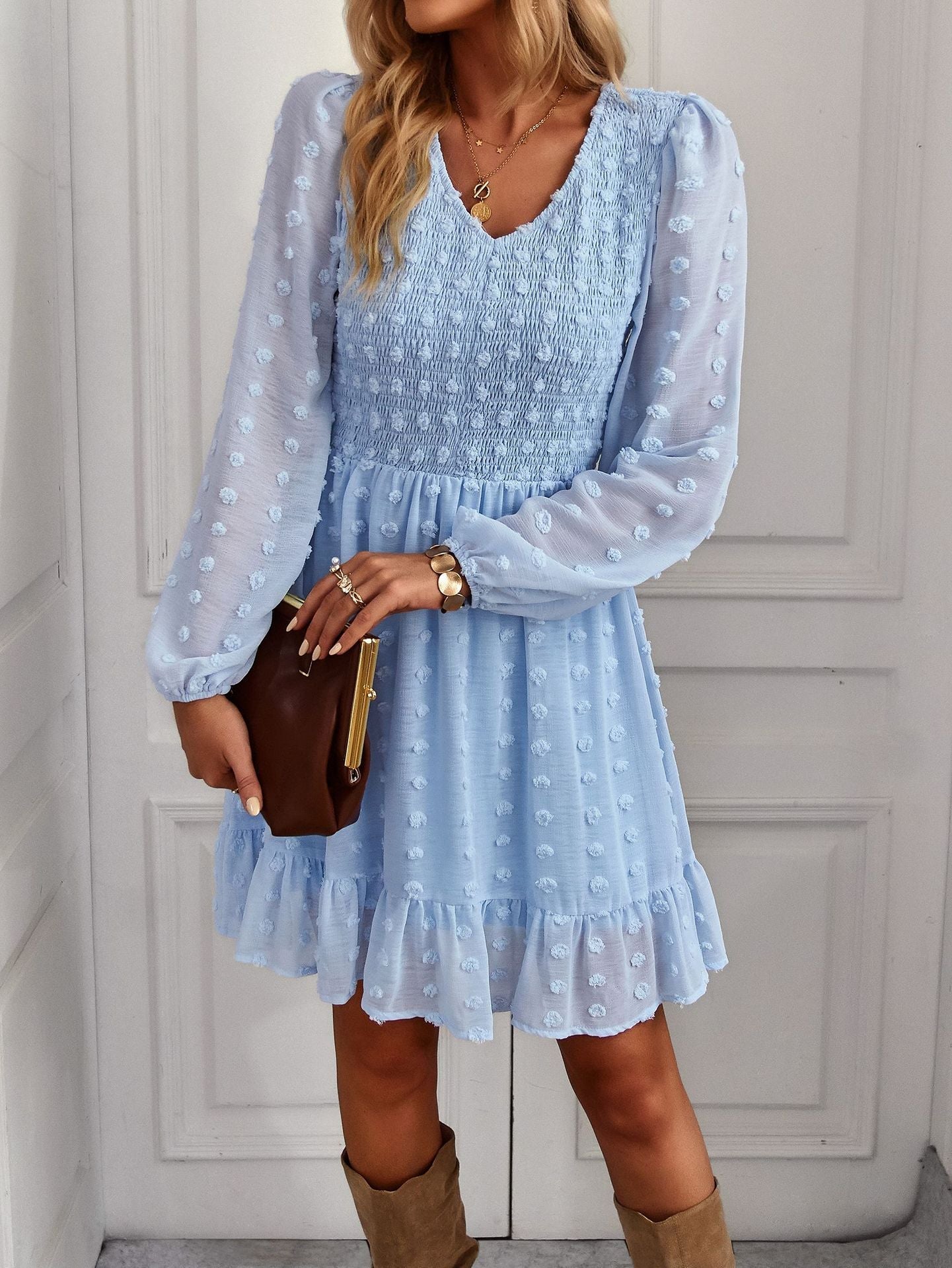 Casual Long Sleeves Short Daily Dresses-Dresses-Blue-S-Free Shipping Leatheretro