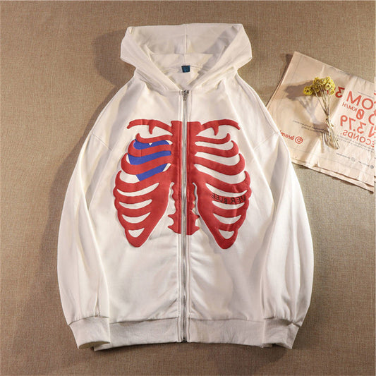 Casual Skeleton Zipper Long Sleeves Overcoats-Outerwear-White-S-Free Shipping Leatheretro