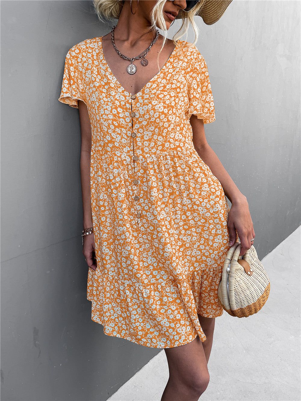 Leisure Floral Print Summer Short Dresses-Dresses-Yellow-S-Free Shipping Leatheretro