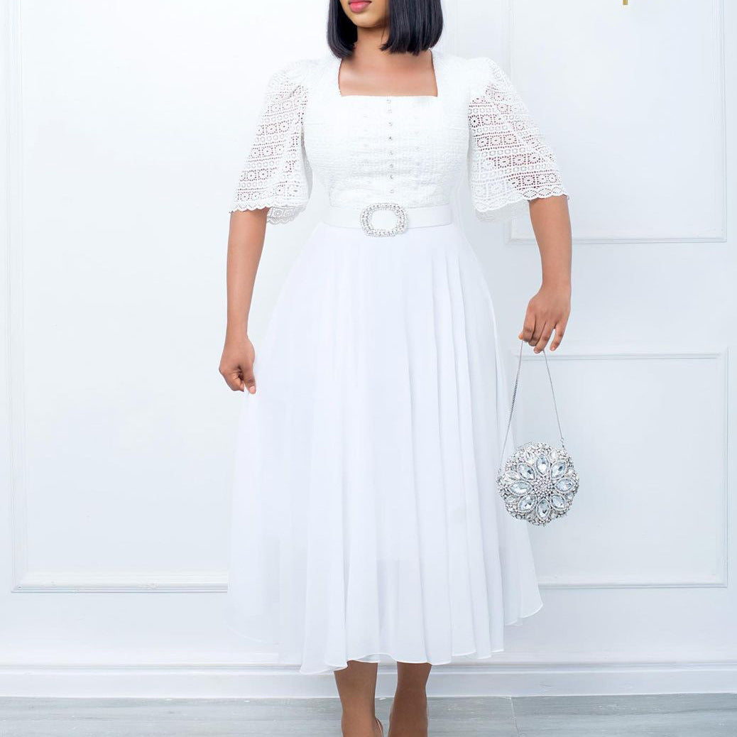 Elegant Chiffon Women Dresses with Belt-Dresses-White-S-Free Shipping Leatheretro