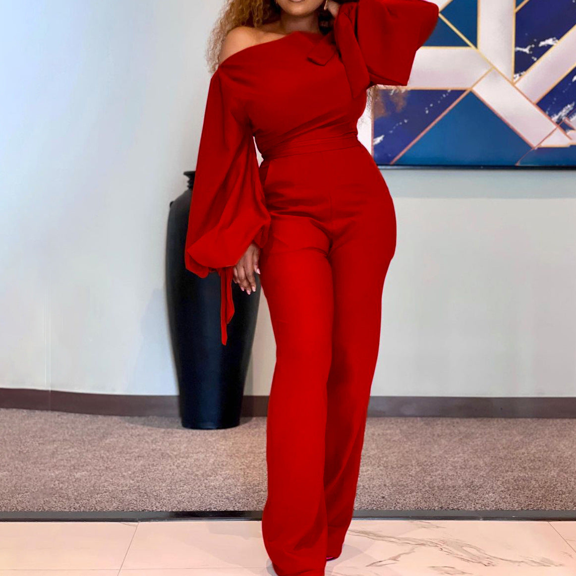 Sexy One Shoulder High Waist Plus Sizes Wide Legs Jumpsuits-Suits-Red-S-Free Shipping Leatheretro