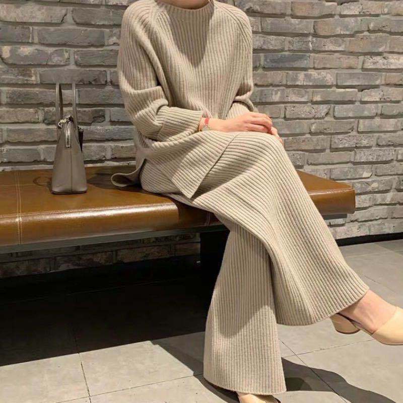 Fall Knitting Pullover Sweaters & Wide Legs Pants Suits-Suits-Camel-One Size-Free Shipping Leatheretro
