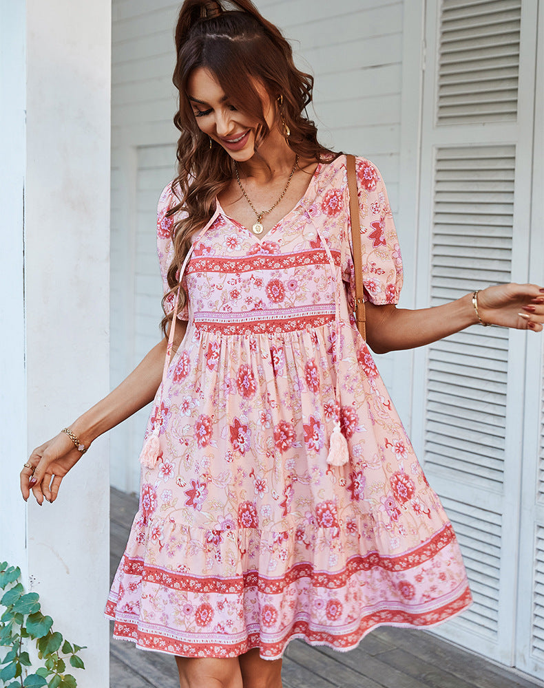 Casual Bohemian Summer Short Dresses-Dresses-Pink-S-Free Shipping Leatheretro