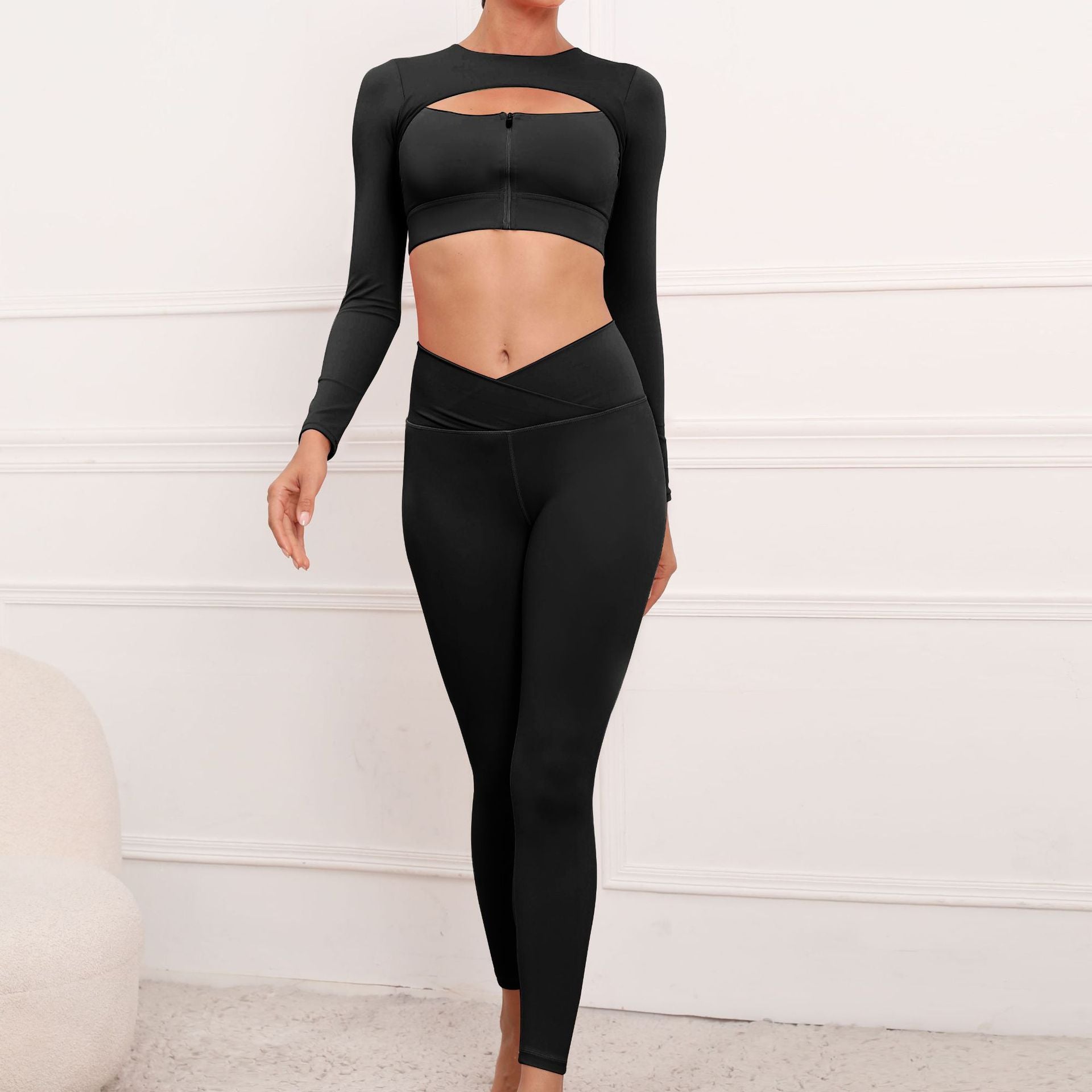 Long Sleeves Two Pieces Running Suits for Women-Activewear-Black-S-Free Shipping Leatheretro