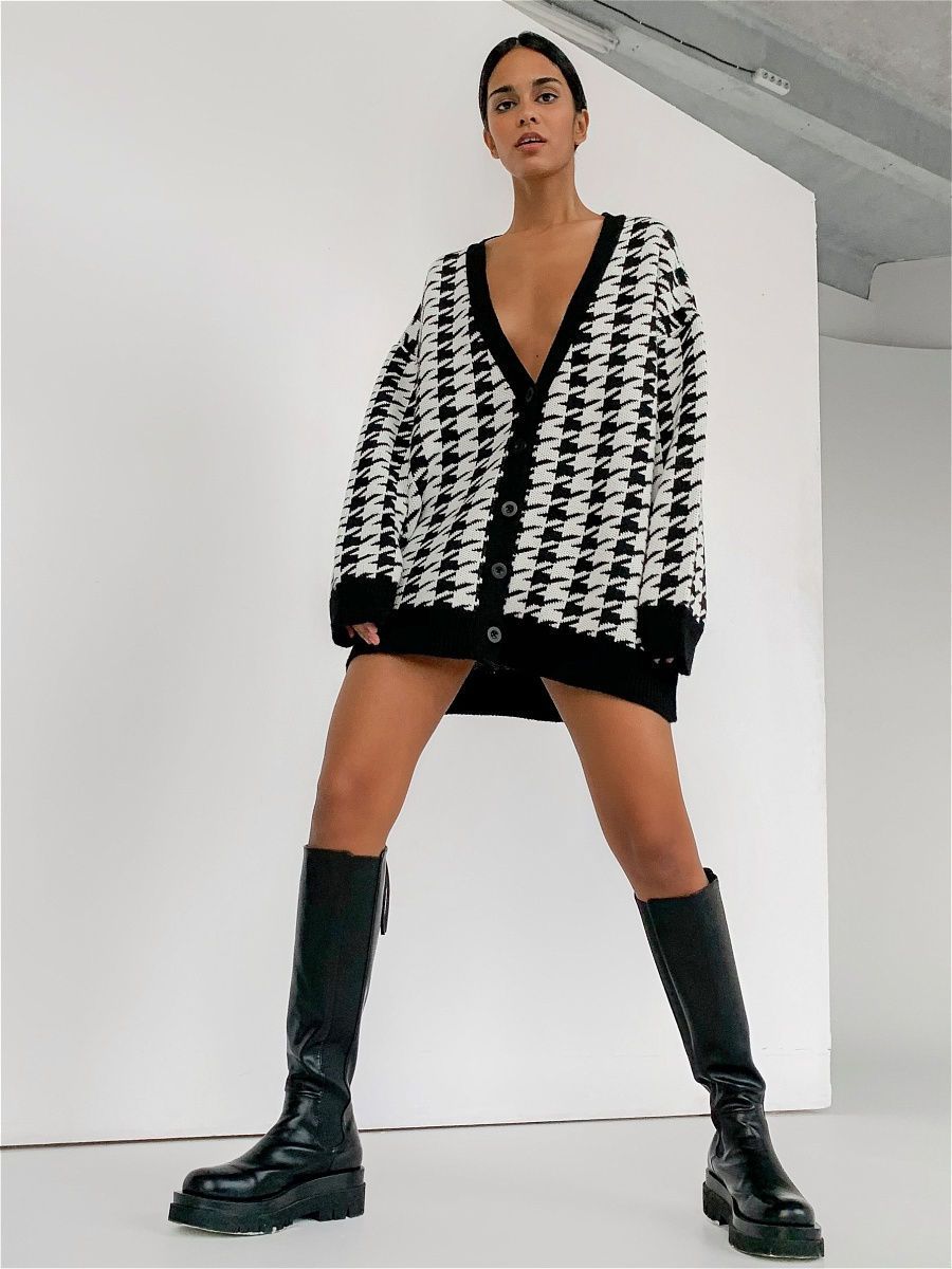 Women V Neck Knitting Plaid Long Sleeves Cardigan Overcoat-Women Sweaters-Khaki-S-Free Shipping Leatheretro