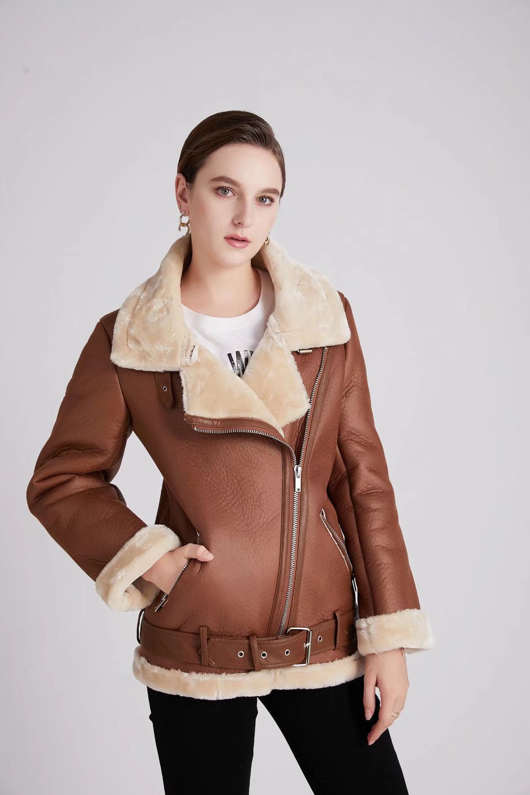 Fashion Winter Pu Leather with Fur Motorcycle Jacket Coats-Outerwear-Brown-A-XS-Free Shipping Leatheretro