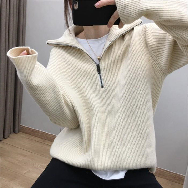 Casual Turnover Zipper Pullover Women Sweaters-Shirts & Tops-Ivory-One Size-Free Shipping Leatheretro