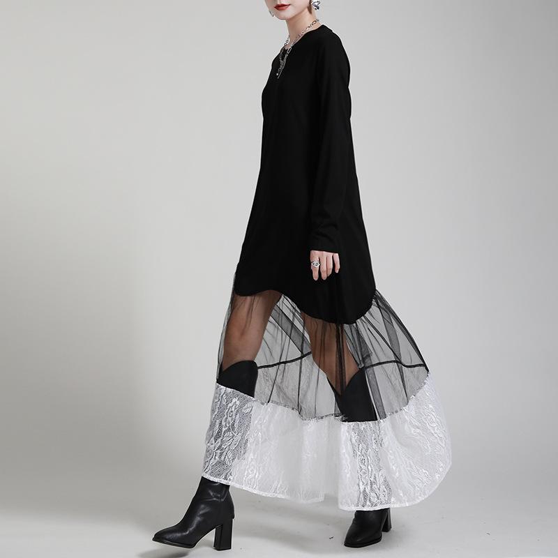 Black Women Irregular Lace Net Fall Long Dresses-Maxi Dresses-Black-S-Free Shipping Leatheretro