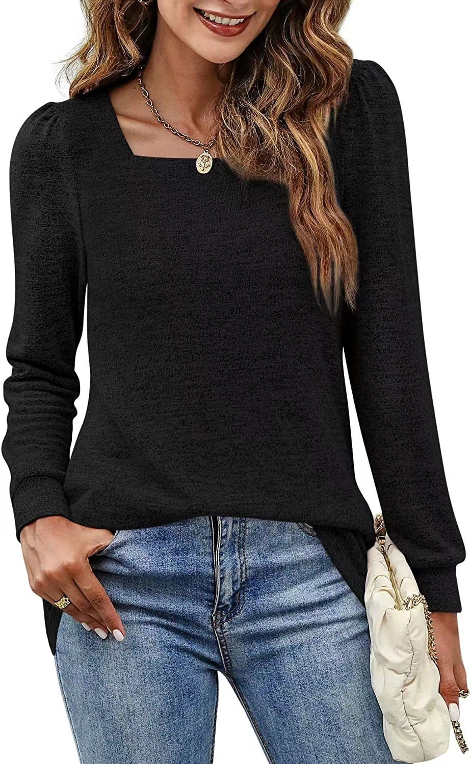 Fashion Square Neckline Long Sleeves Shirts-Shirts & Tops-Black-S-Free Shipping Leatheretro