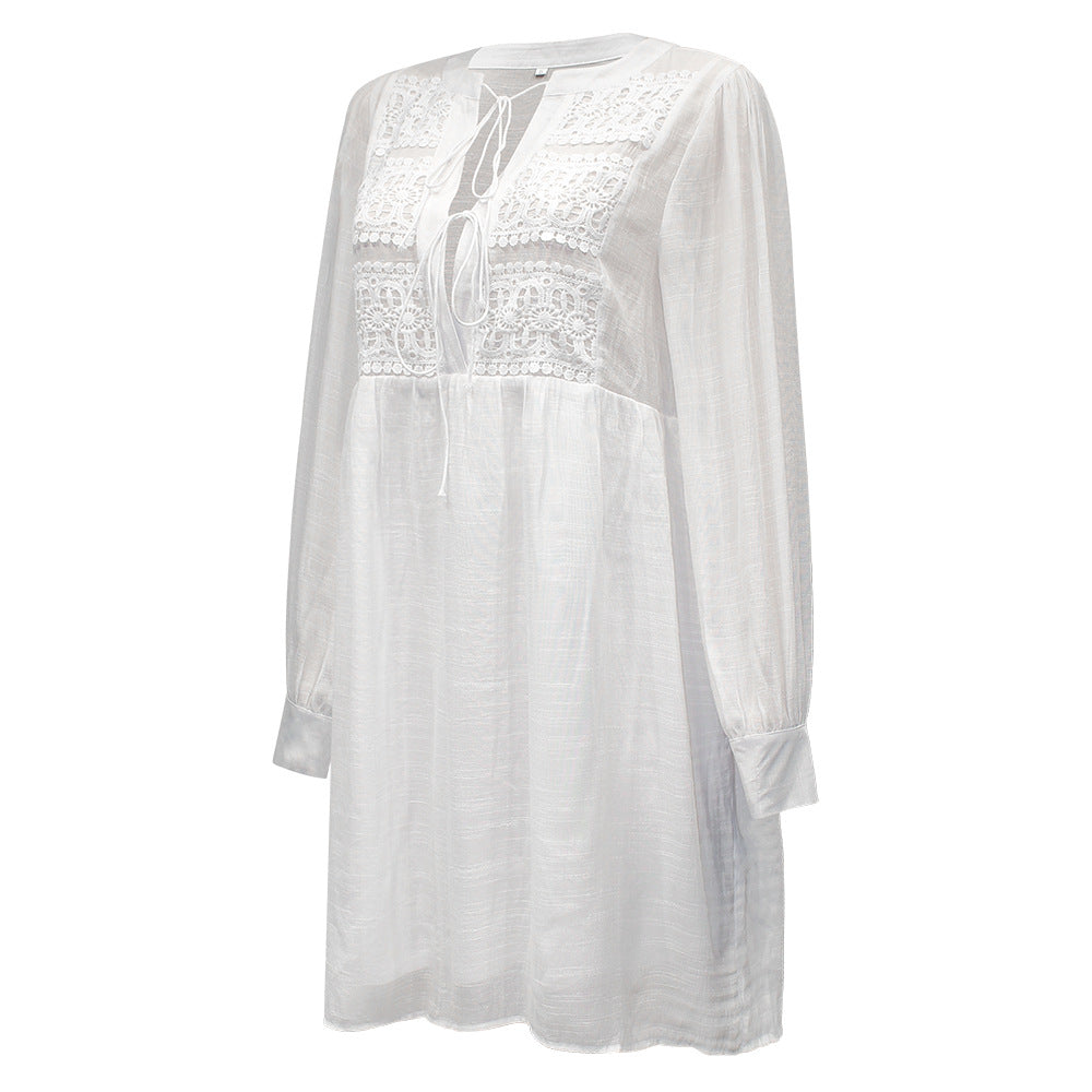 Casual White Long Sleeves Mini Dresses-White-S-Free Shipping Leatheretro