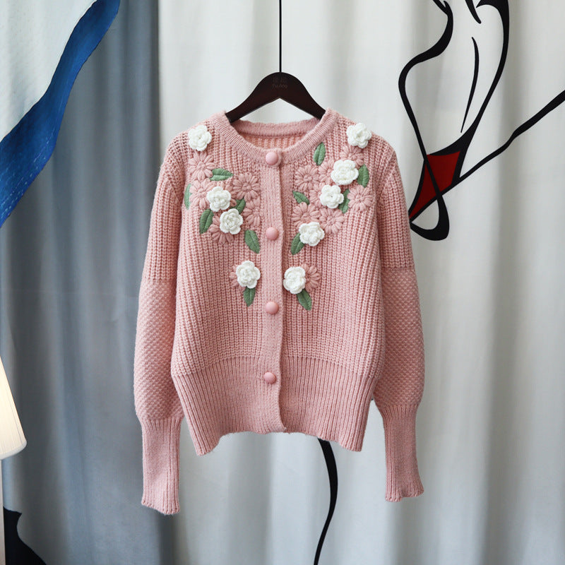 3D Knitting Rose Design Sweetly Knitted Overcoats-Shirts & Tops-Pink-One Size-Free Shipping Leatheretro