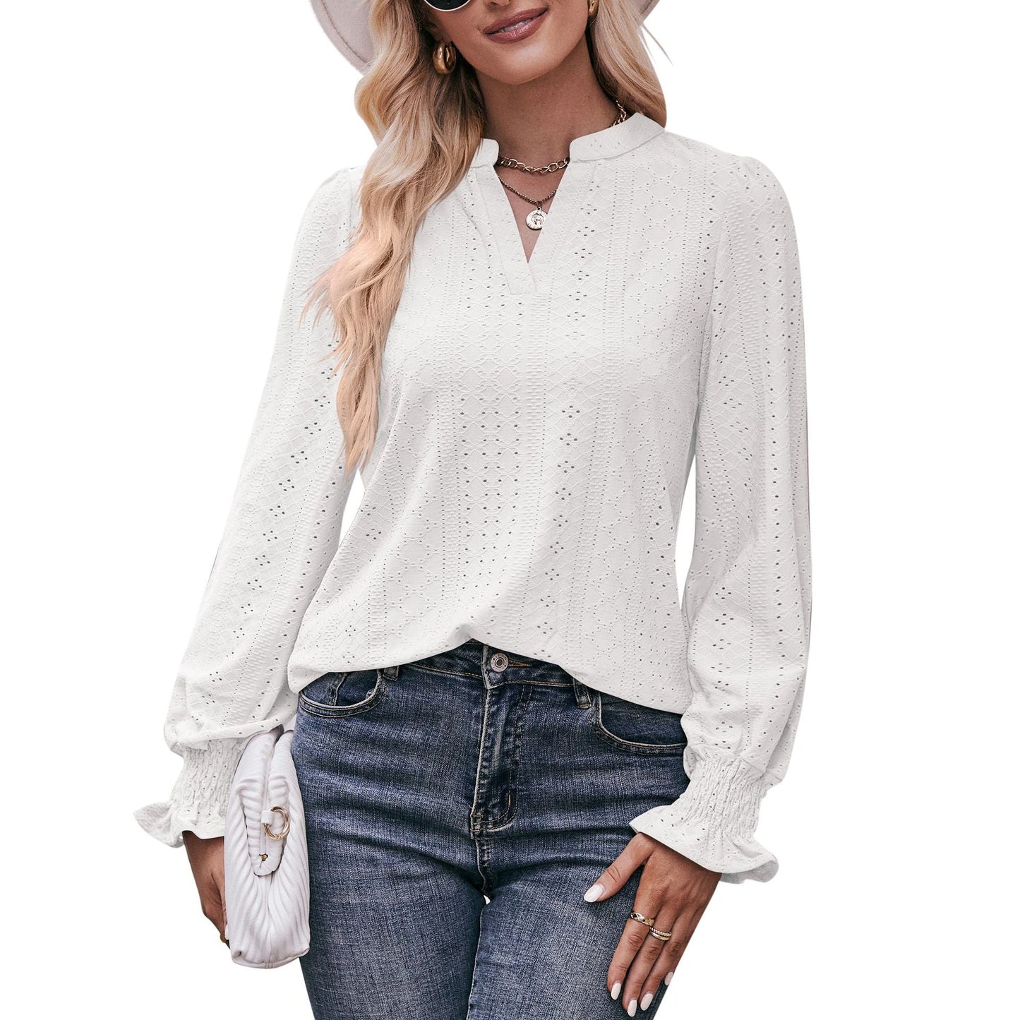 Casual V Neck Long Sleeves Fall Shirts-Shirts & Tops-White-S-Free Shipping Leatheretro