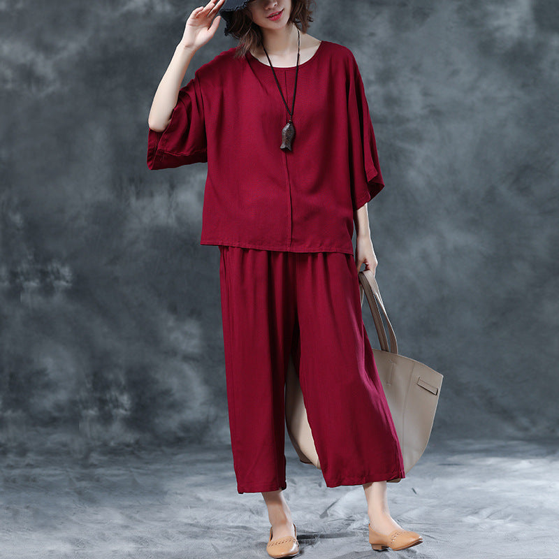 Casual Summer Women Tops and Pants-Suits-Red-M-Free Shipping Leatheretro