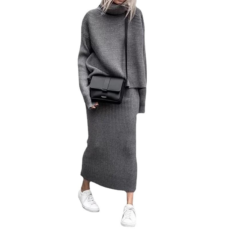 Casual Fashion Two Pieces Knitted Sweaters & Skirts-Suits-Gray-S-Free Shipping Leatheretro
