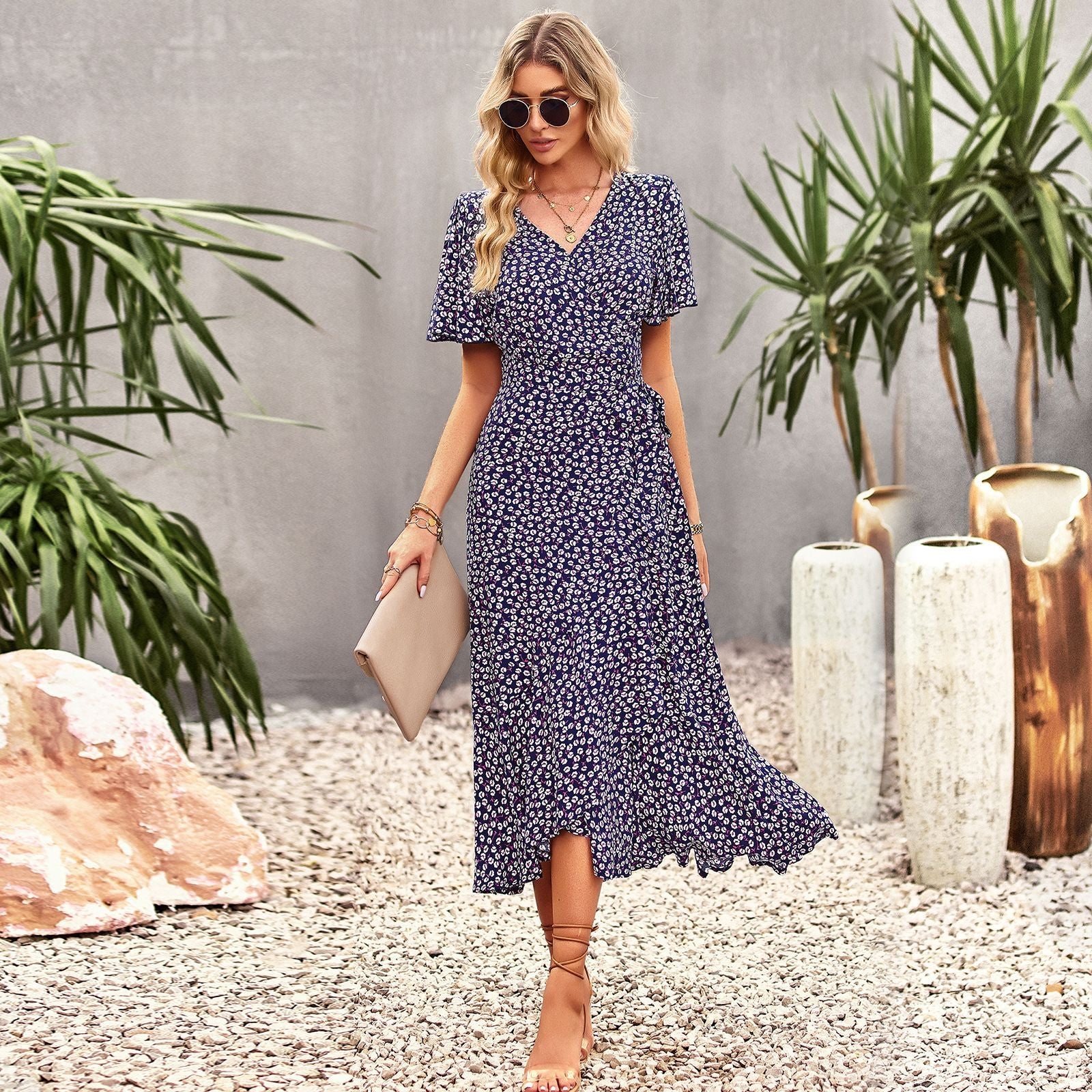 Classy A Line Short Sleeves Long Dresses-Dresses-Navy Blue-S-Free Shipping Leatheretro