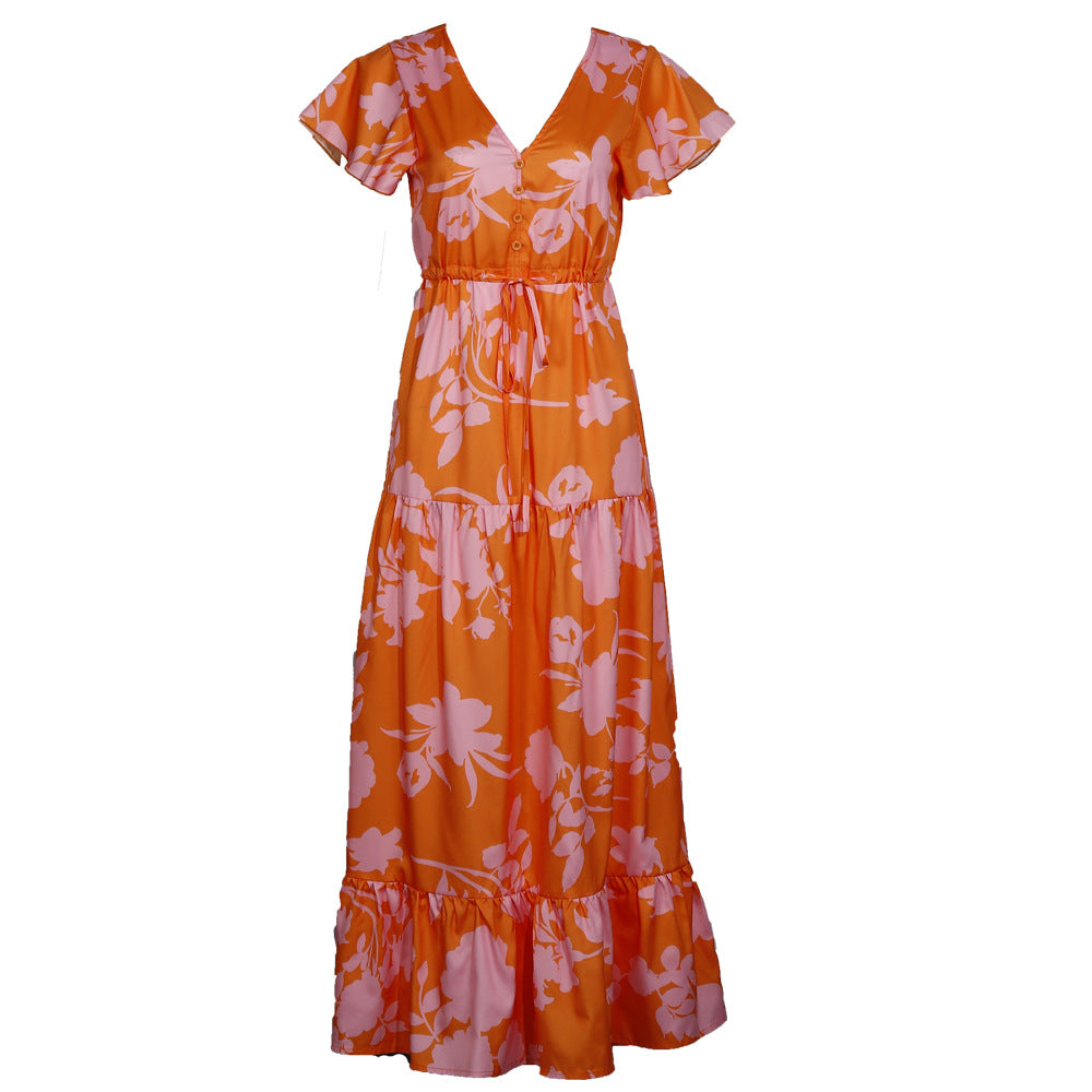 Casual V Neck Long Maxi Dresses-Dresses-Orange Leaf-S-Free Shipping Leatheretro