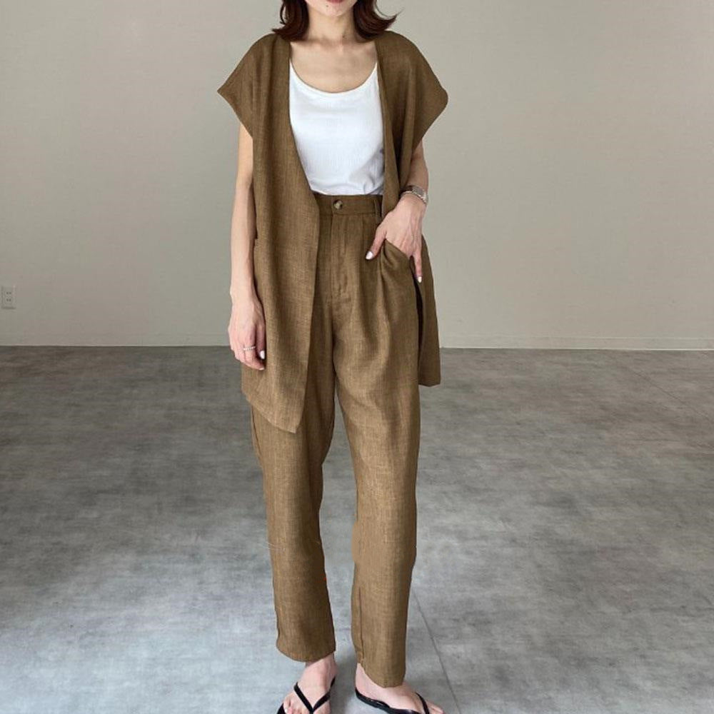 Casual Summer Linen Two Pieces Sets for Women-Suits-Brown-One Size-Free Shipping Leatheretro