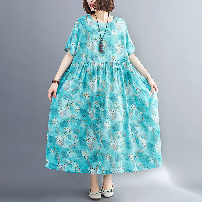 Summer Linen Plus Sizes Short Sleeves Cozy Dresses-Dresses-Blue-One Size-Free Shipping Leatheretro