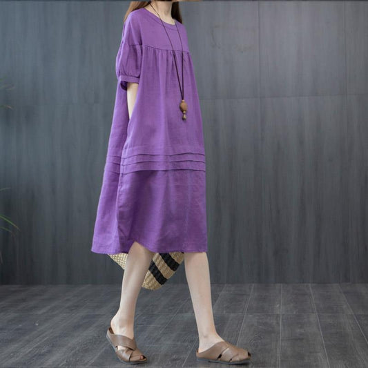 Leisure Linen Summer Plus Sizes A Line Midi Dresses-Dresses-Purple-M-Free Shipping Leatheretro